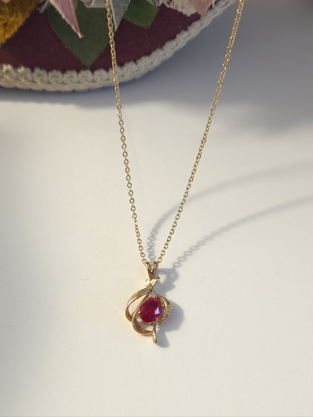 Vintage Ruby & Crystal Gold Plated Pendant Necklace